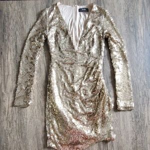 Formal Gold Sequin Dress Plunge Neck